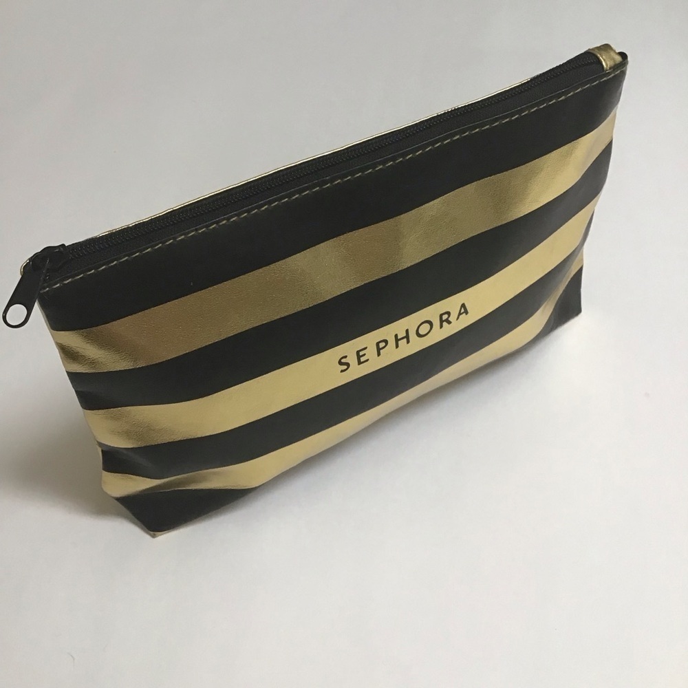 Sephora Makeup Bag Black Gold Stripe Cosmetic Pouch Beauty Organizer Travel 5x8